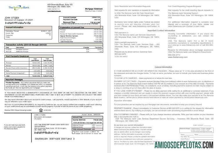 Declaração de hipoteca do Bancorp Bank nos EUA em formatos Word e PDF baixar para verificação